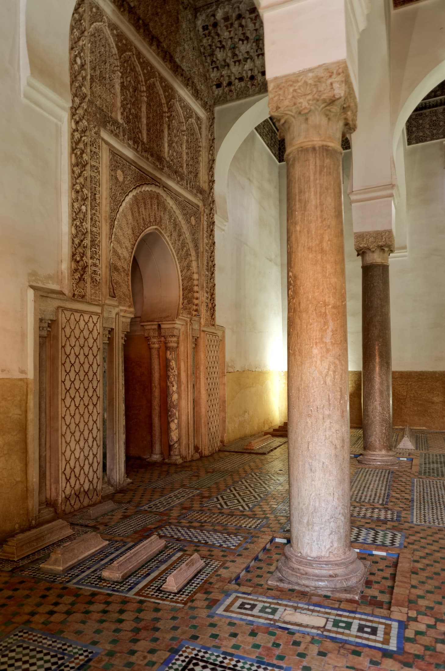 Carved mihrab archway and marble columns inside the Saadian Tombs