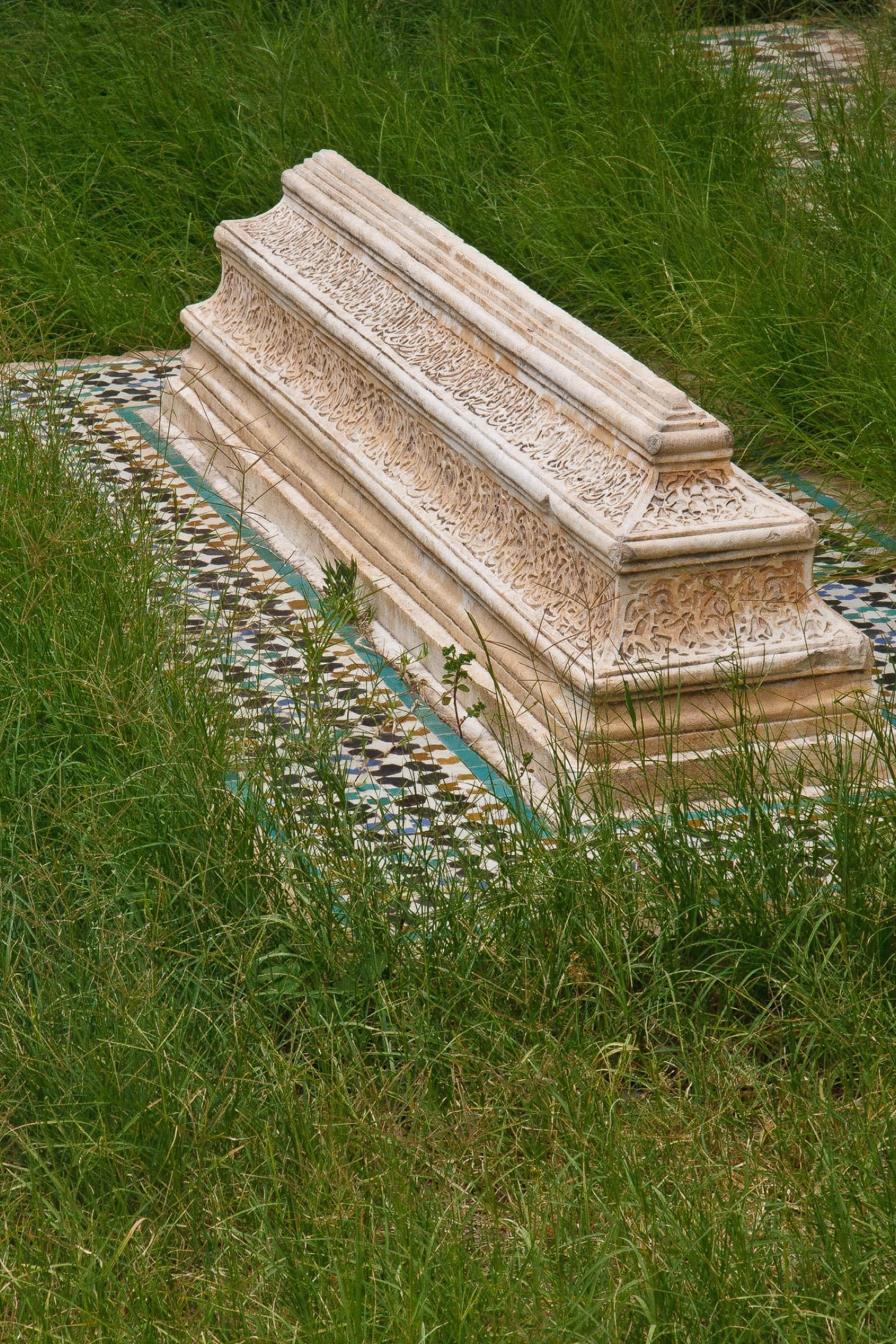 Carved marble tomb inscribed with calligraphy in the Saadian Tombs garden